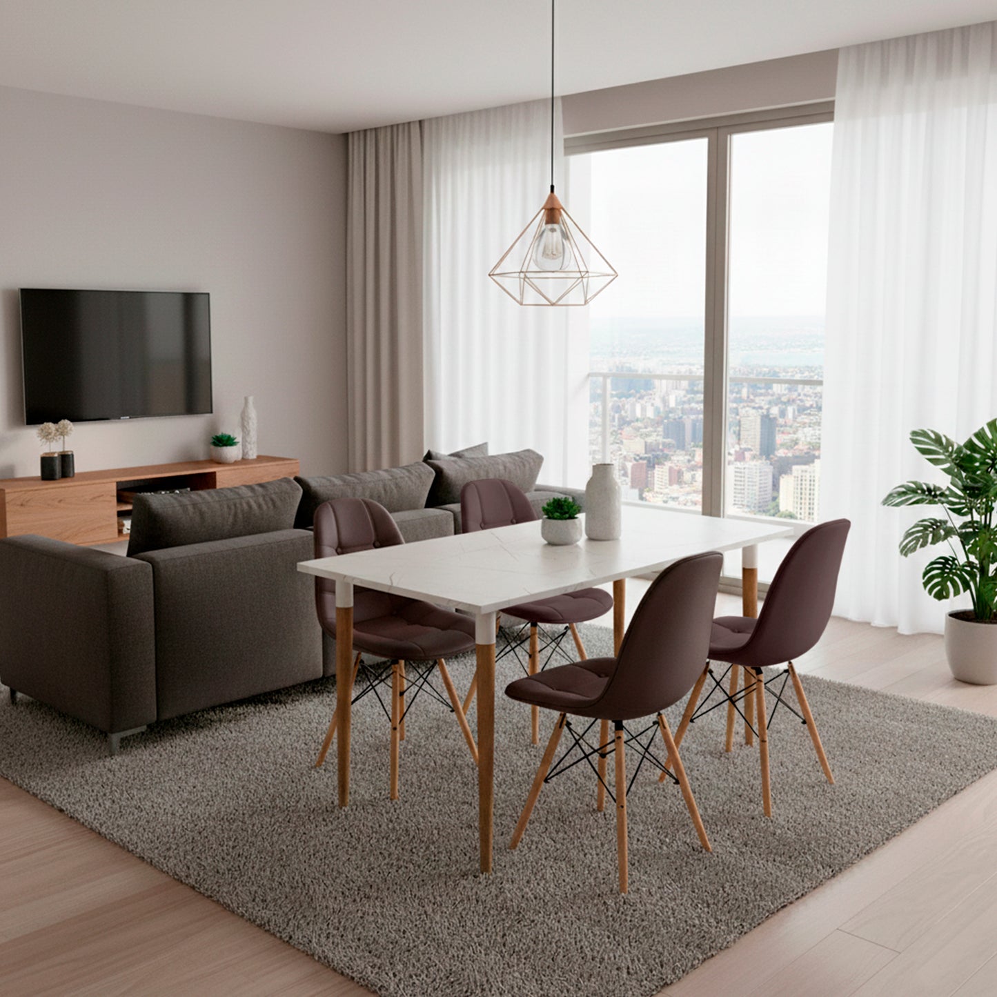 Juego de Comedor Premium Haby con 4 Sillas Eames botones café