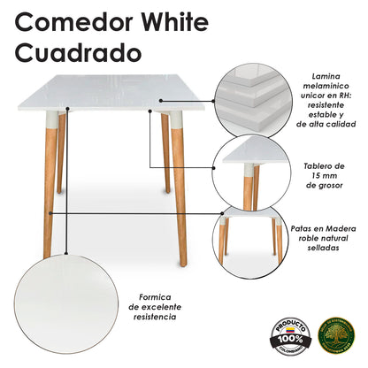 Juego de Comedor White cuadrada con 4 Sillas Eames gris