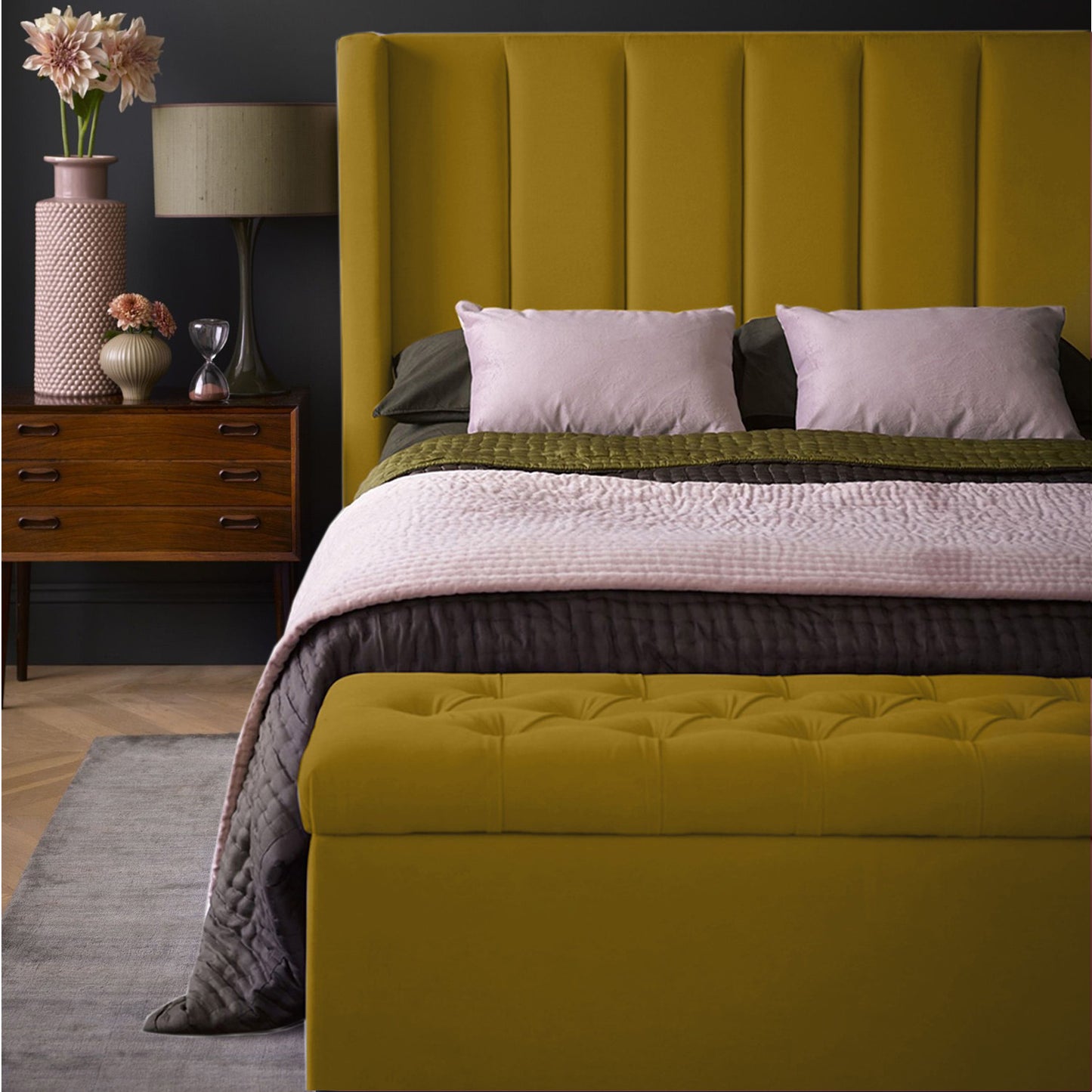 Base Cama con Espaldar + Colchon + Puff Baul Semidoble Julieta  mostaza