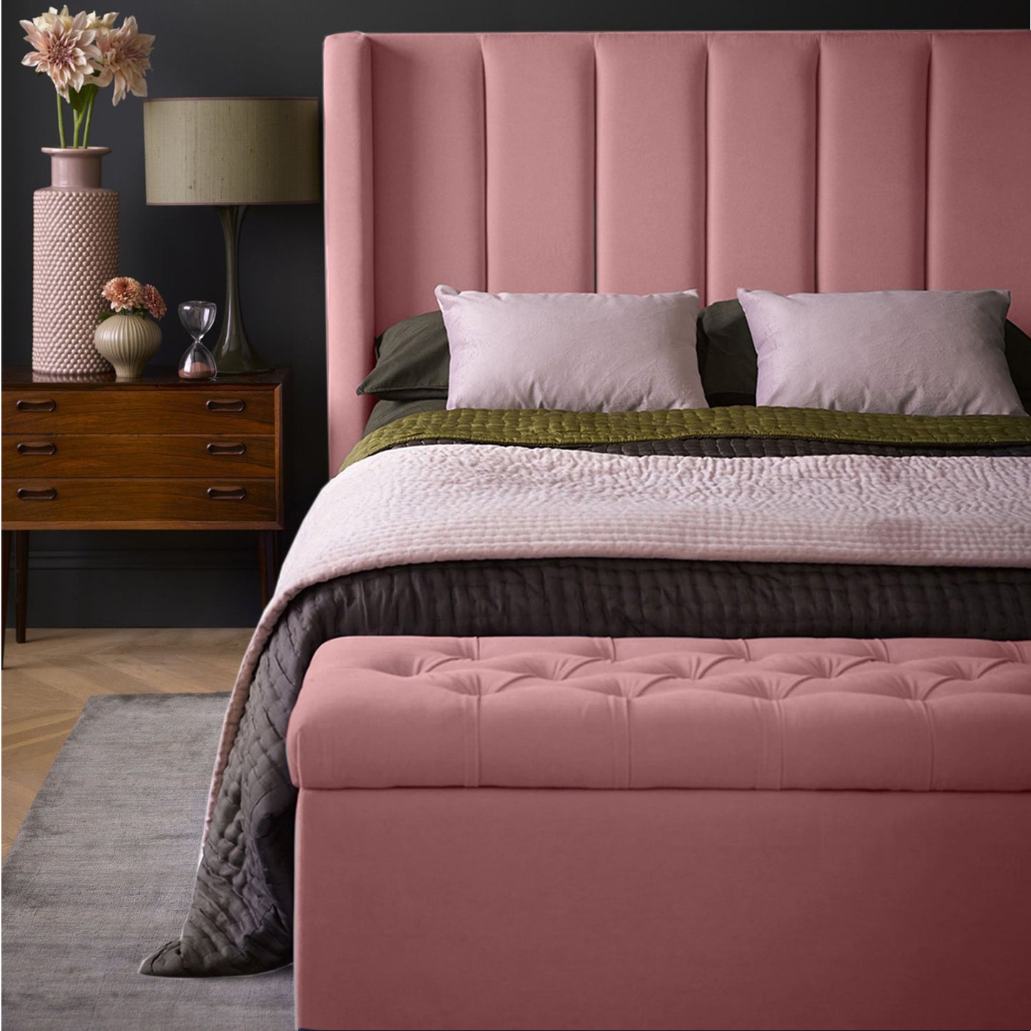 Base Cama con Espaldar + Colchon + Puff Baul Doble Julieta  salmon