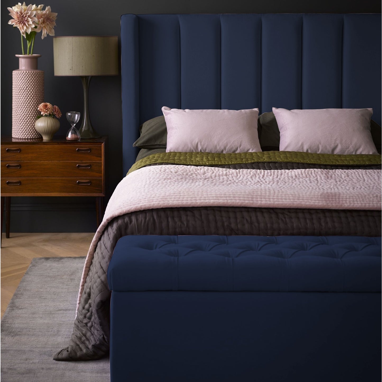 Base Cama con Espaldar + Colchon + Puff Baul King Julieta  azul