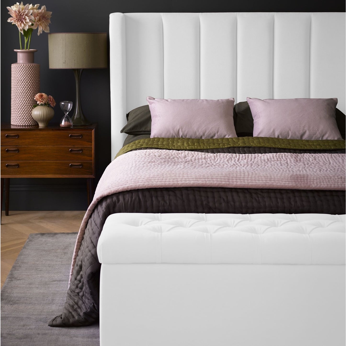 Base Cama con Espaldar + Colchon + Puff Baul King Julieta  blanco