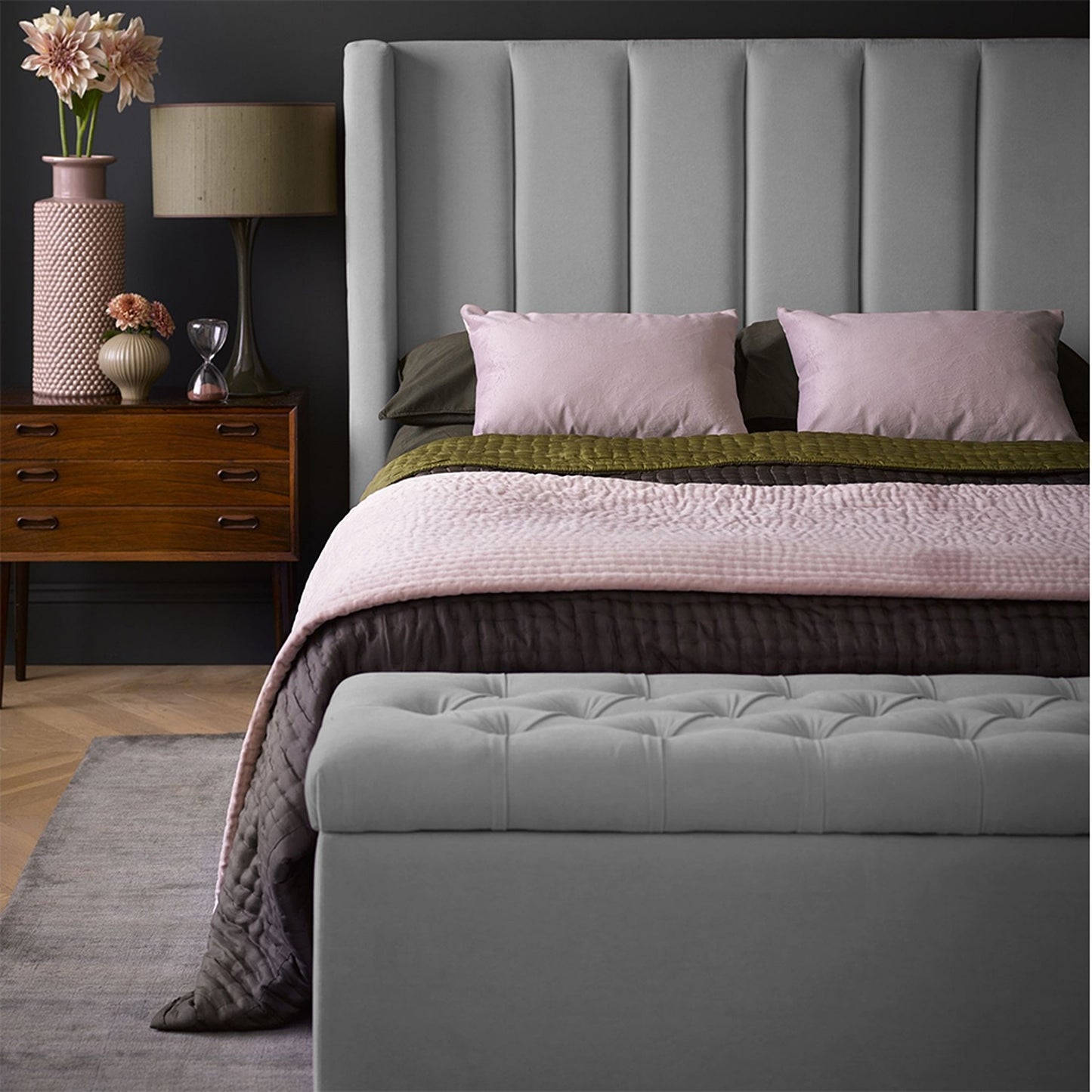 Base Cama con Espaldar + Colchon + Puff Baul Semidoble Julieta  gris plata