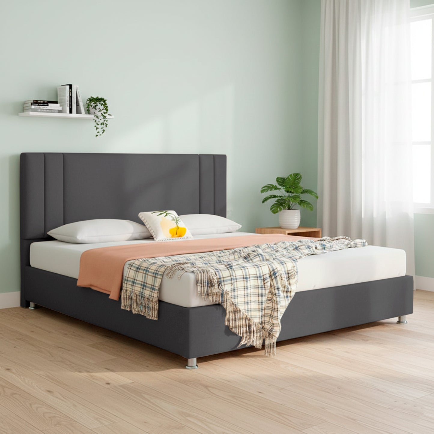 Base Cama Con Espaldar King Lupe Gris Plomo