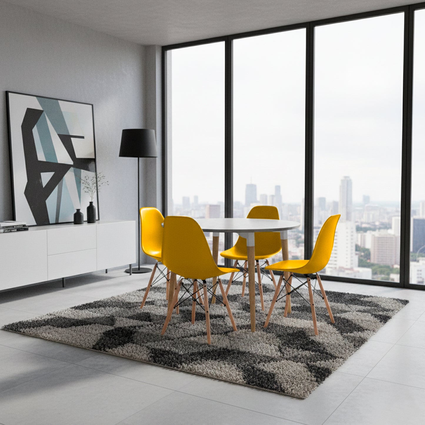 Juego de Comedor White redondo con 4 Sillas Eames amarillo