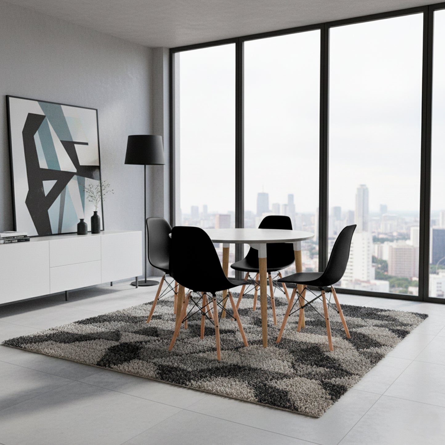 Juego de Comedor White redondo con 4 Sillas Eames negro