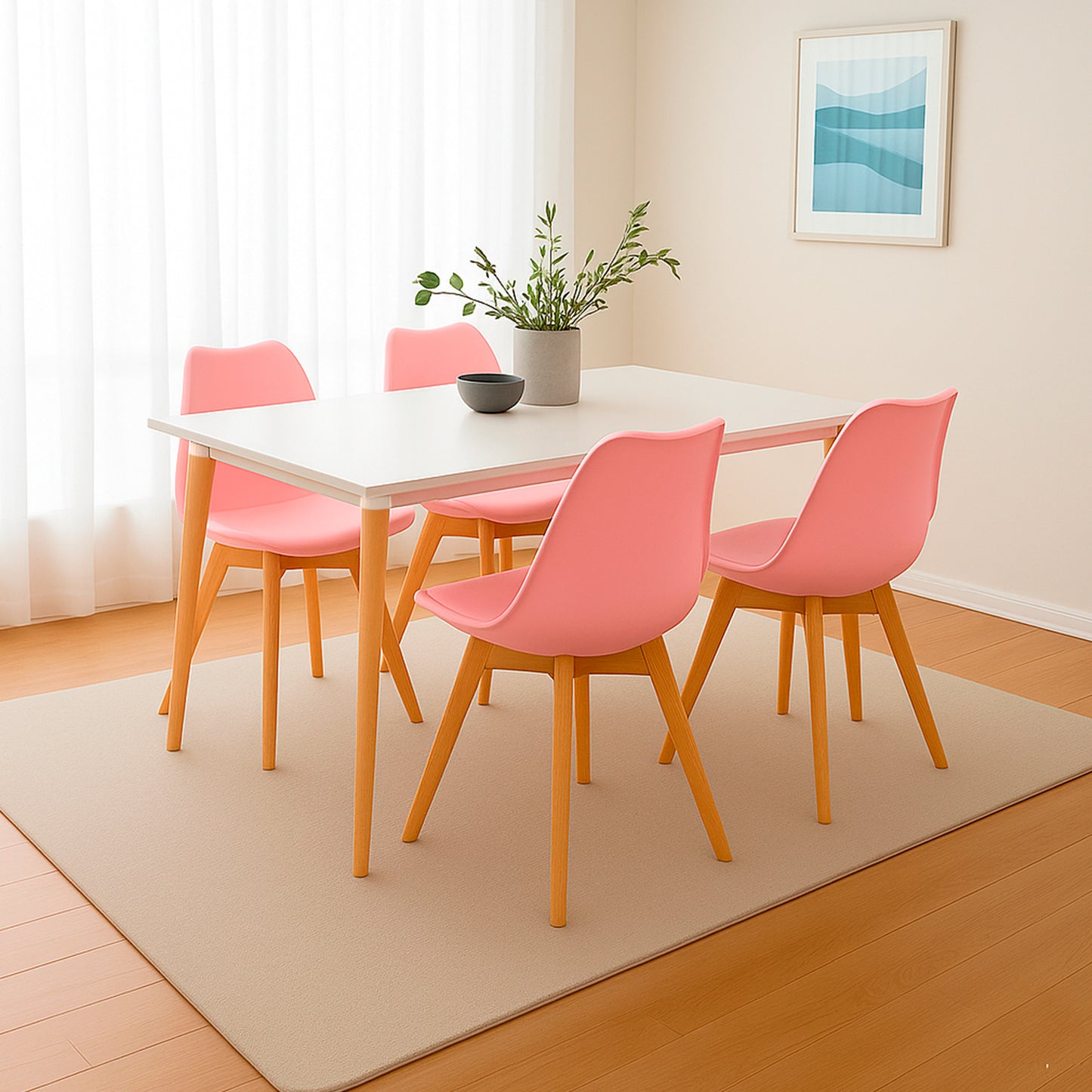 Juego de Comedor White con 4 Sillas Milano rosada